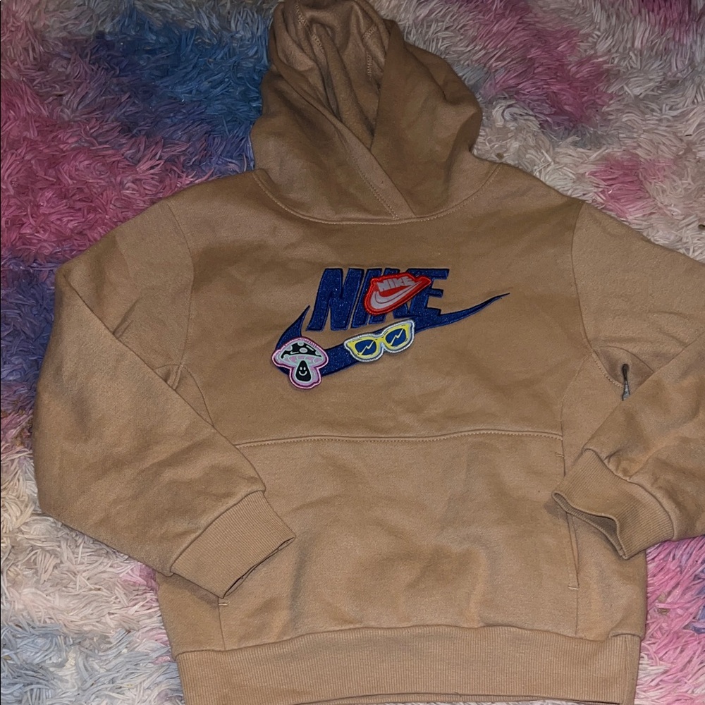 Nike Tan Hoodie kids size 5/6 Medium with Blue Logo